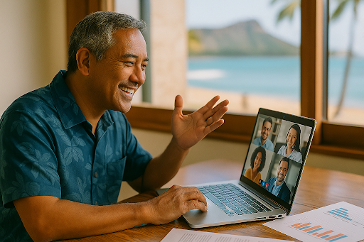 A business owner on a virtual call with their outsourced support team, smiling and collaborating.